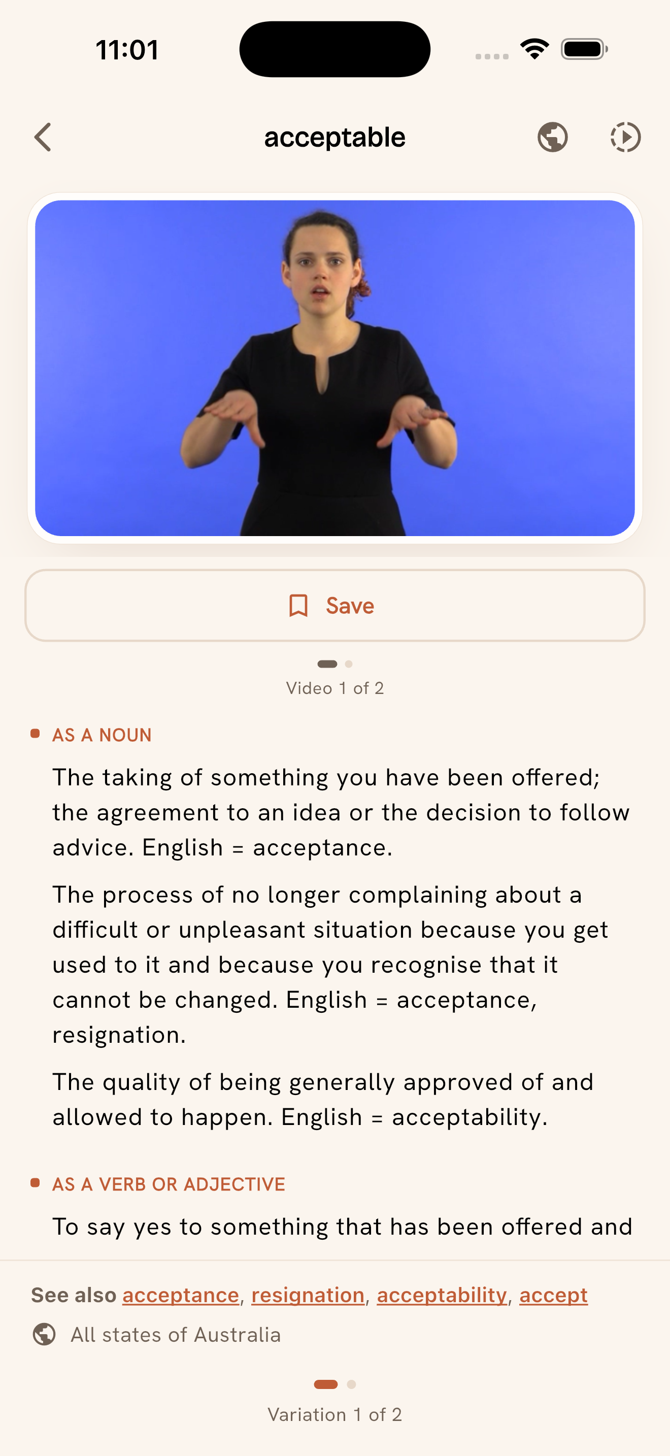 Auslan Dictionary app showing the entry for the word acceptable